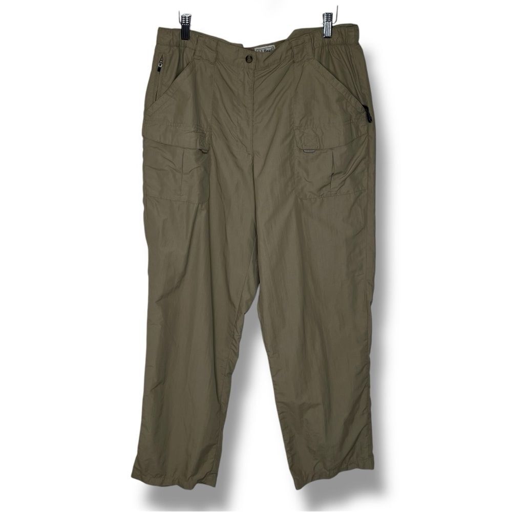 LL Bean Khaki Tan Hiking Pants Cargo Utility Side Elastic Women Size Large Reg
